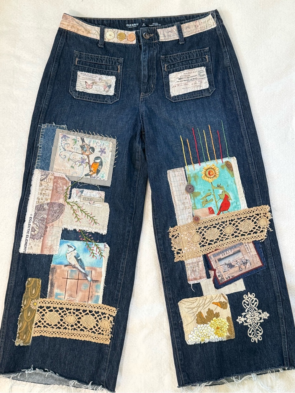 Upcycled Hand stitched Embroidered denim jeans raw hem vintage lace buttons Med